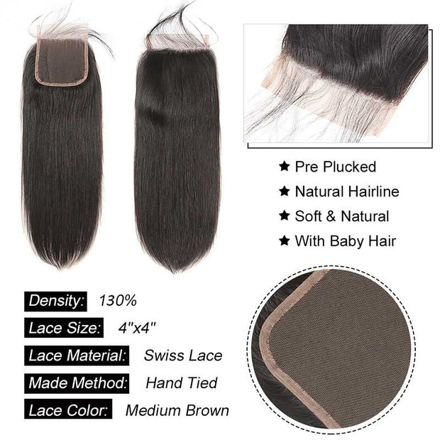 Tip-top quality Raw Straight Hair 4 Bundles with 4x4 Closure（never hair loss）